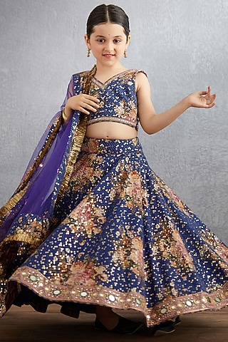 Amethyst Purple Machine & Hand Embroidered Lehenga Set For Girls by Torani Kids