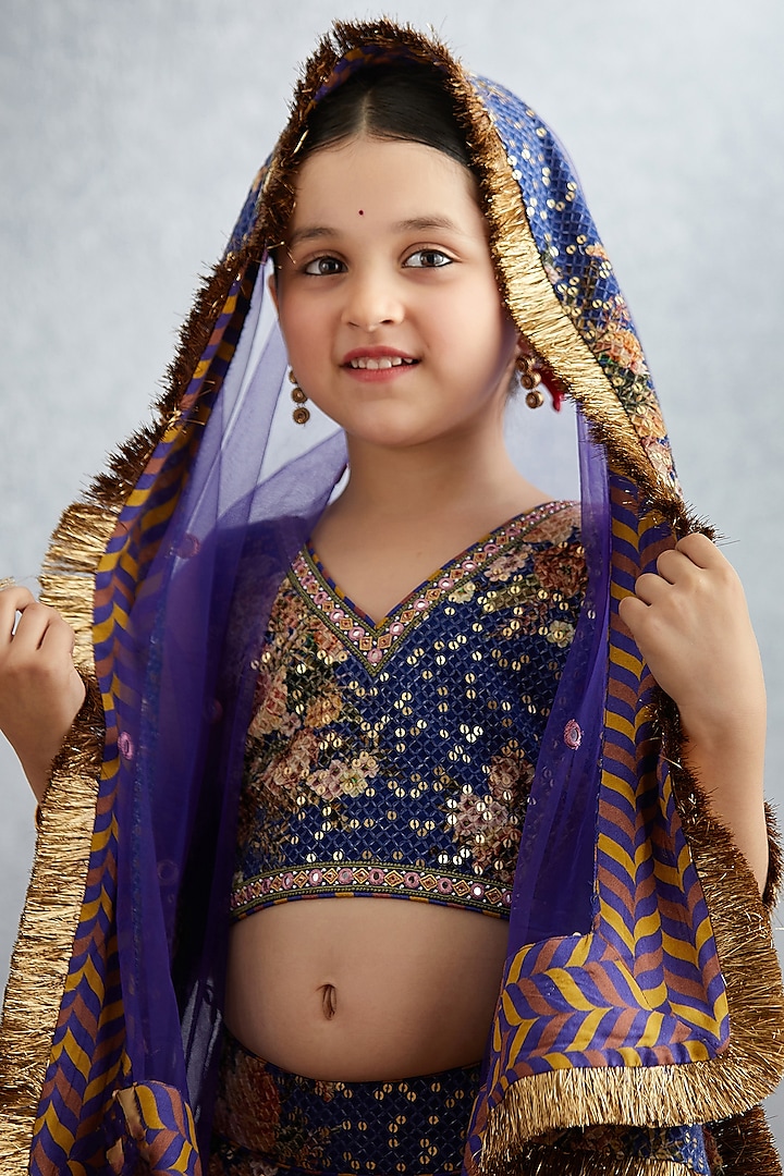 Amethyst Purple Machine & Hand Embroidered Lehenga Set For Girls by Torani Kids at Pernia's Pop Up Shop