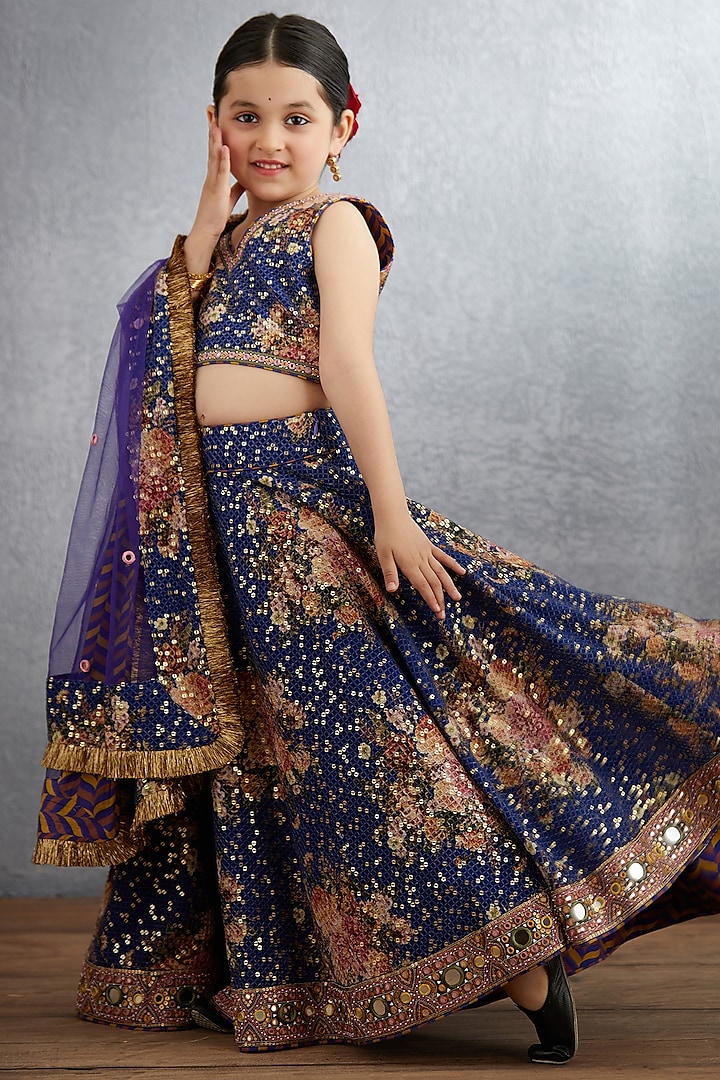Amethyst Purple Machine & Hand Embroidered Lehenga Set For Girls by Torani Kids at Pernia's Pop Up Shop