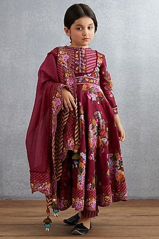 Ruby Red Floral Printed Kurta Set For Girls by Torani Kids
