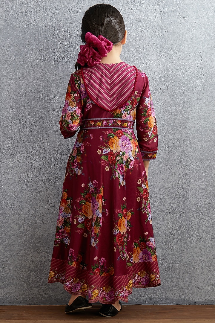 Ruby Red Floral Printed Kurta Set For Girls by Torani Kids at Pernia's Pop Up Shop