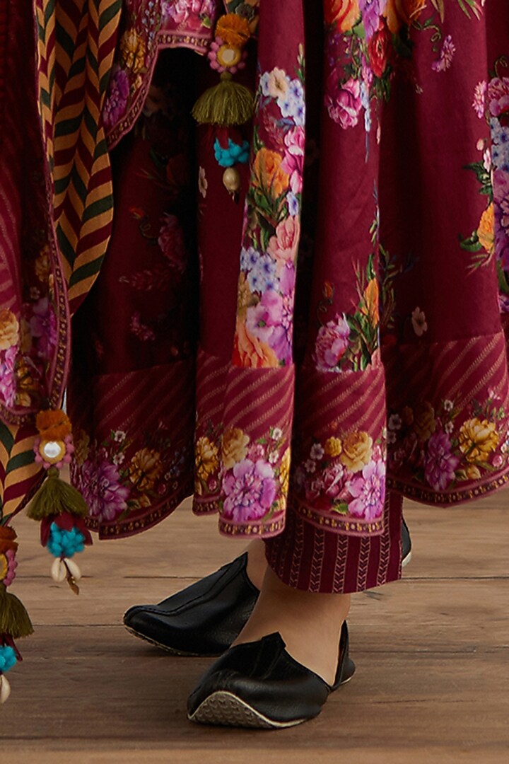 Ruby Red Floral Printed Kurta Set For Girls by Torani Kids at Pernia's Pop Up Shop