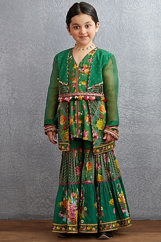 Emerald Green Machine & Hand Embroidered Sharara Set For Girls by Torani Kids