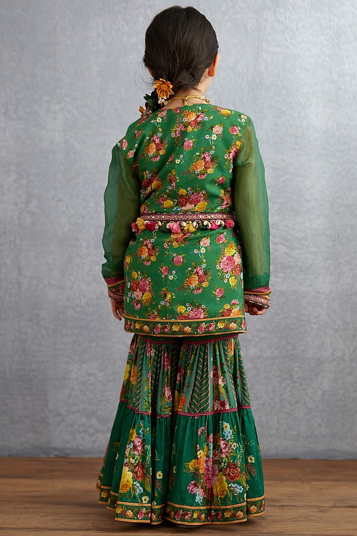 Emerald Green Machine & Hand Embroidered Sharara Set For Girls by Torani Kids at Pernia's Pop Up Shop