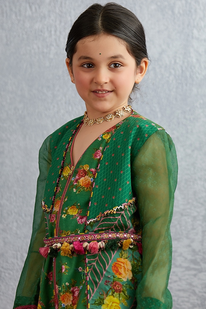 Emerald Green Machine & Hand Embroidered Sharara Set For Girls by Torani Kids at Pernia's Pop Up Shop