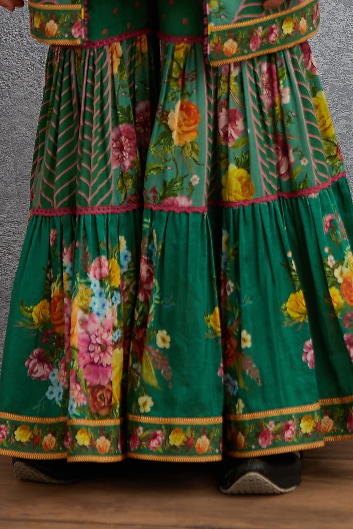 Emerald Green Machine & Hand Embroidered Sharara Set For Girls by Torani Kids at Pernia's Pop Up Shop