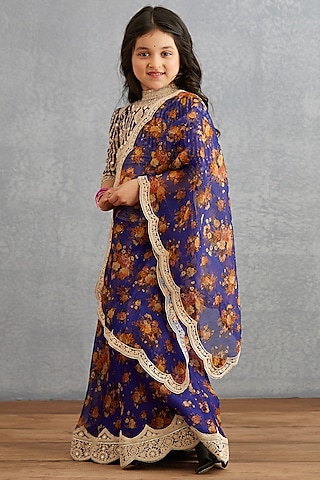 Amethyst Purple Printed & Embroidered Lehenga Set For Girls by Torani Kids