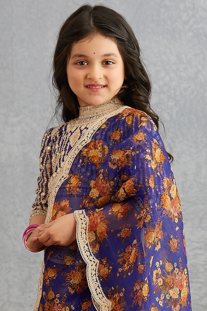 Amethyst Purple Printed & Embroidered Lehenga Set For Girls by Torani Kids at Pernia's Pop Up Shop