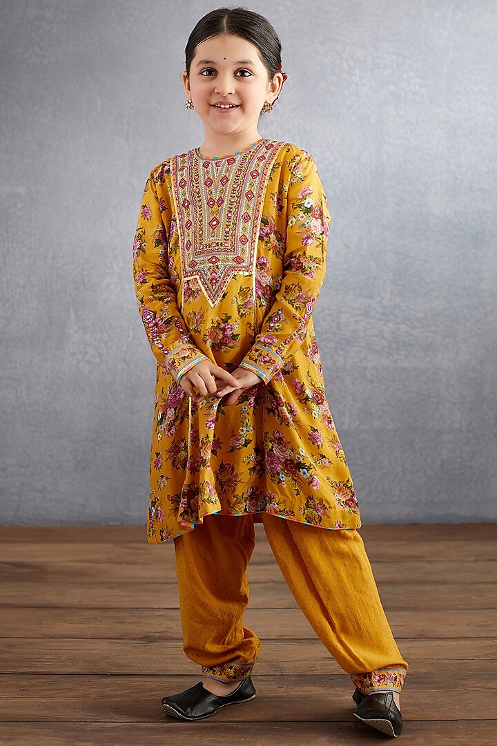 Topaz Yellow Floral Printed & Hand Embroidered Kurta Set For Girls by Torani Kids