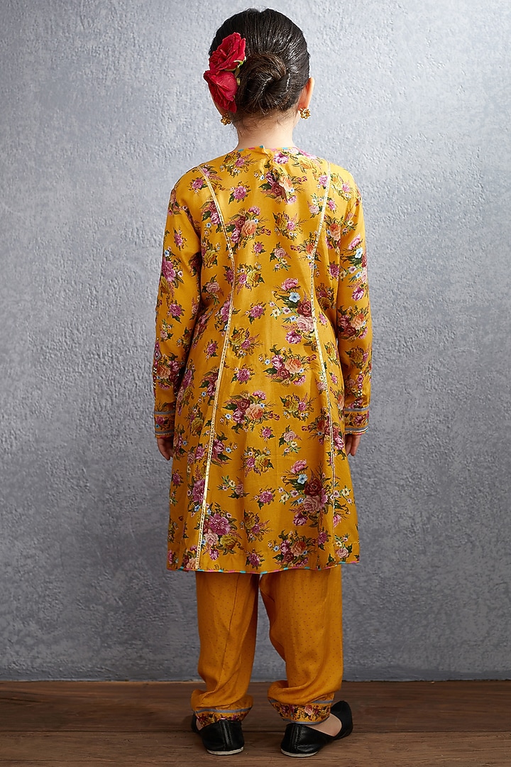 Topaz Yellow Floral Printed & Hand Embroidered Kurta Set For Girls by Torani Kids at Pernia's Pop Up Shop