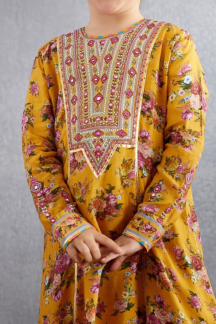 Topaz Yellow Floral Printed & Hand Embroidered Kurta Set For Girls by Torani Kids at Pernia's Pop Up Shop