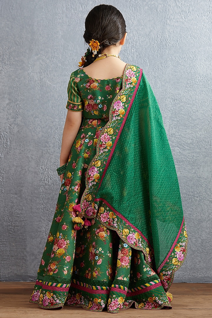 Emerald Green Floral Printed Lehenga Set For Girls by Torani Kids at Pernia's Pop Up Shop