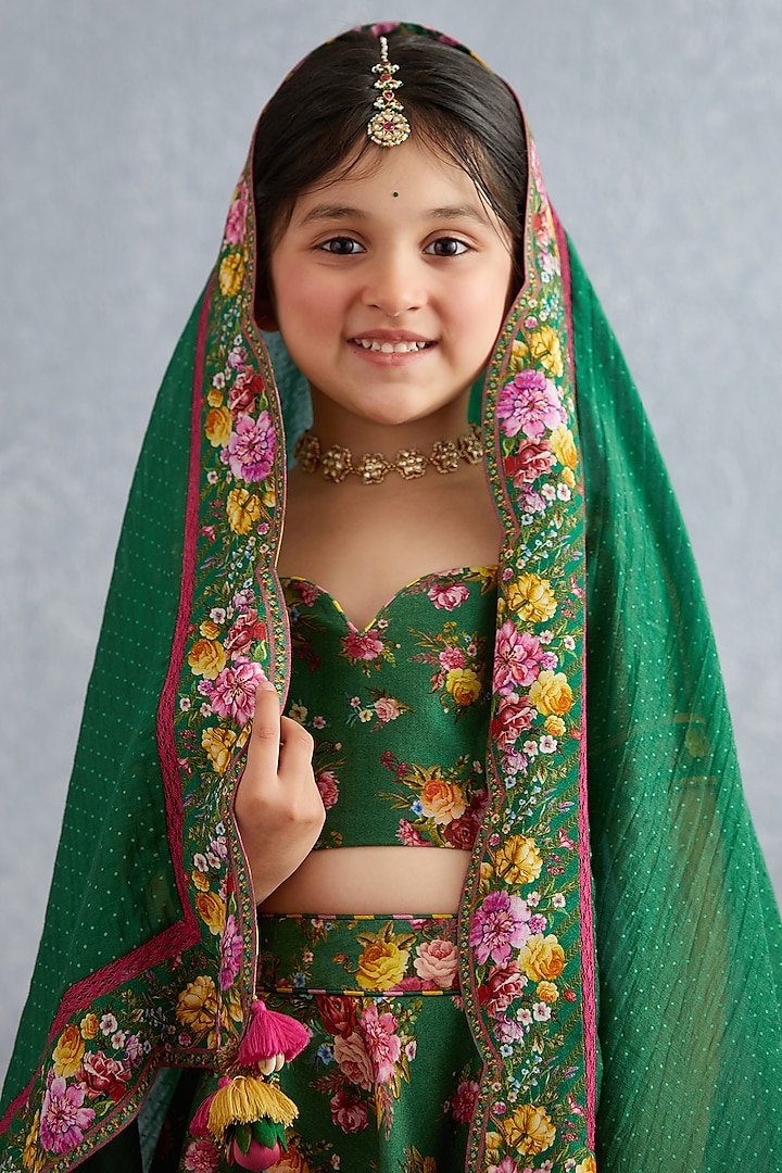 Emerald Green Floral Printed Lehenga Set For Girls by Torani Kids at Pernia's Pop Up Shop