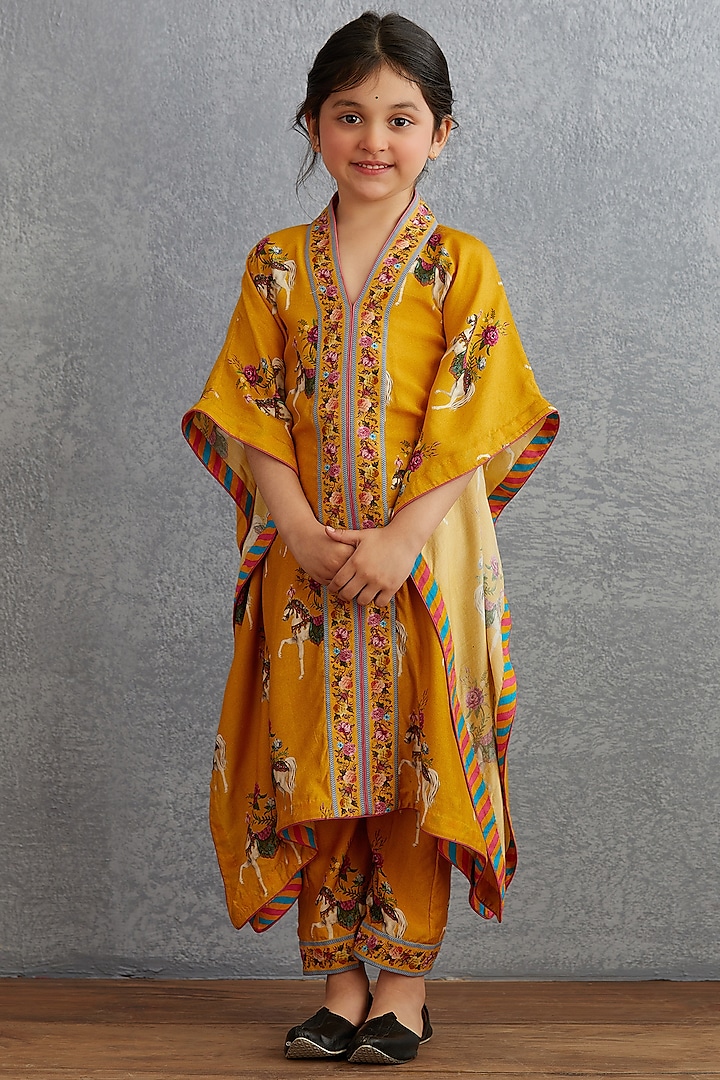 Topaz Yellow Printed Kaftan Set For Girls by Torani Kids