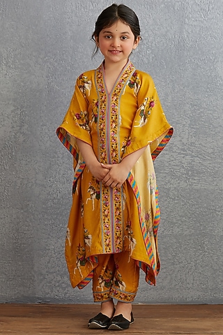 Topaz Yellow Printed Kaftan Set For Girls by Torani Kids