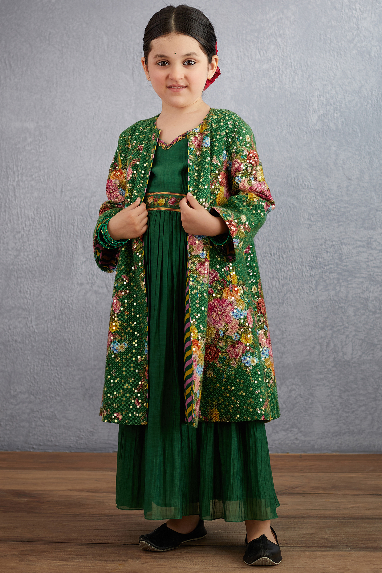 Emerald Green Floral Printed Jacket Dress For Girls by Torani Kids at Pernia s Pop Up Shop 2024