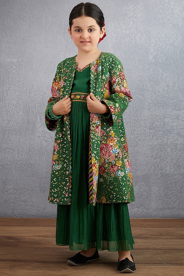 Emerald Green Floral Printed Jacket Dress For Girls by Torani Kids