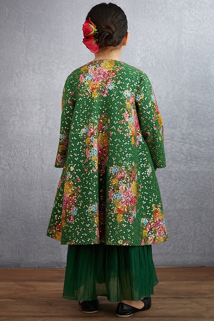 Emerald Green Floral Printed Jacket Dress For Girls by Torani Kids at Pernia's Pop Up Shop