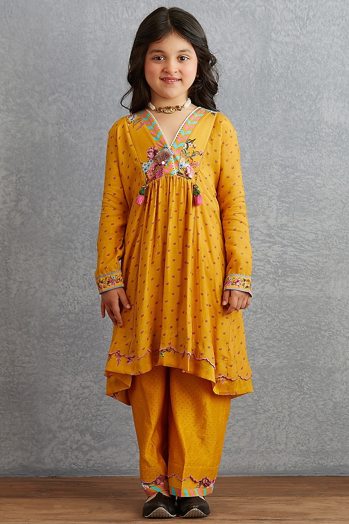 Topaz Yellow Printed Kurta Set For Girls by Torani Kids