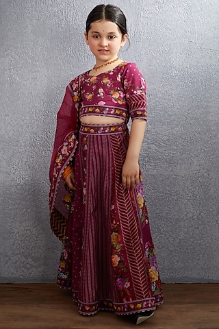 Ruby Red Floral Printed Lehenga Set For Girls by Torani Kids