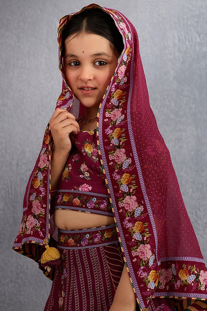 Ruby Red Floral Printed Lehenga Set For Girls by Torani Kids at Pernia's Pop Up Shop