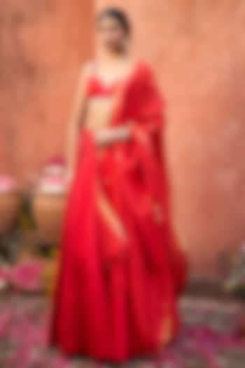 Crimson Red Khurkhul Handwoven Silk  dulhan bday 22 may Lehenga Set by 11 Tareng at Pernia's Pop Up Shop