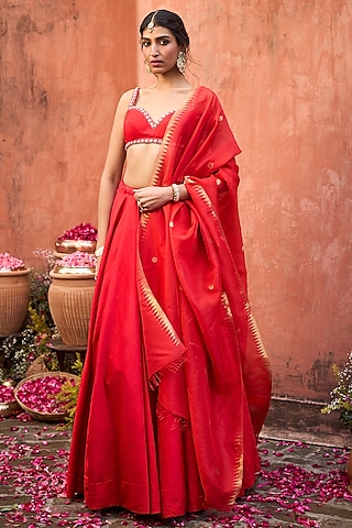 Crimson Red Khurkhul Handwoven Silk Lehenga Set by 11 Tareng