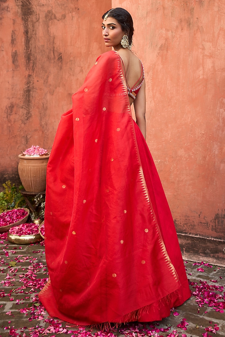 Crimson Red Khurkhul Handwoven Silk Wedding Lehenga Set by 11 Tareng at Pernia's Pop Up Shop