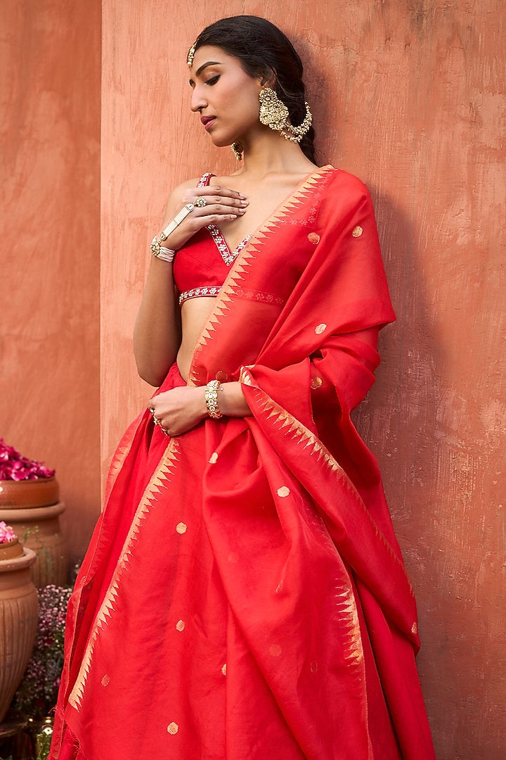 Crimson Red Khurkhul Handwoven Silk Wedding Lehenga Set by 11 Tareng at Pernia's Pop Up Shop