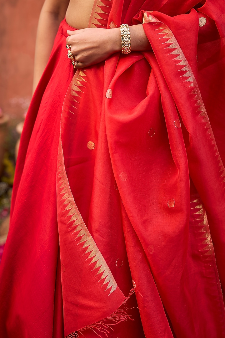Crimson Red Khurkhul Handwoven Silk Wedding Lehenga Set by 11 Tareng at Pernia's Pop Up Shop