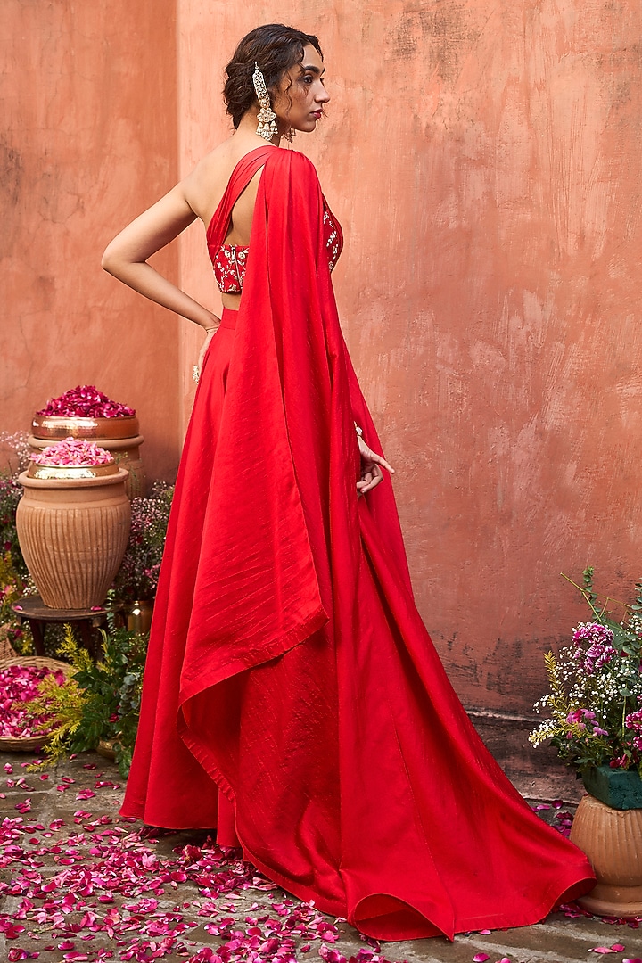 Crimson Red Khurkhul Handwoven Silk Flared Pants Set by 11 Tareng at Pernia's Pop Up Shop