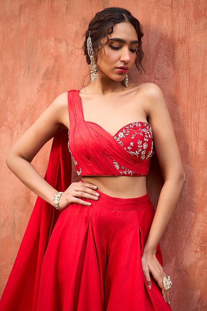 Crimson Red Khurkhul Handwoven Silk Flared Pants Set by 11 Tareng at Pernia's Pop Up Shop