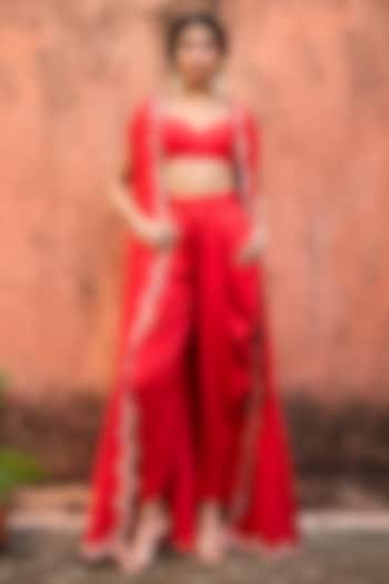 Crimson Red Khurkhul Handwoven Silk Dabka Embroidered Cape Set by 11 Tareng at Pernia's Pop Up Shop