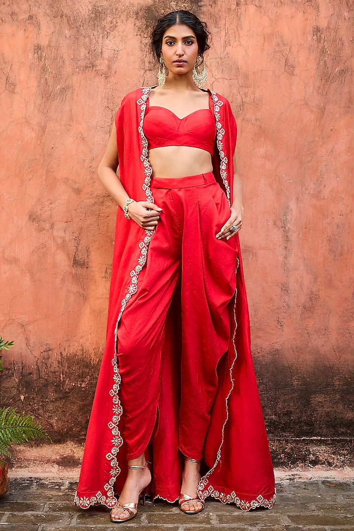 Crimson Red Khurkhul Handwoven Silk Dabka Embroidered Cape Set by 11 Tareng at Pernia's Pop Up Shop