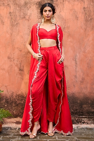 Crimson Red Khurkhul Handwoven Silk Dabka Embroidered Cape Set by 11 Tareng