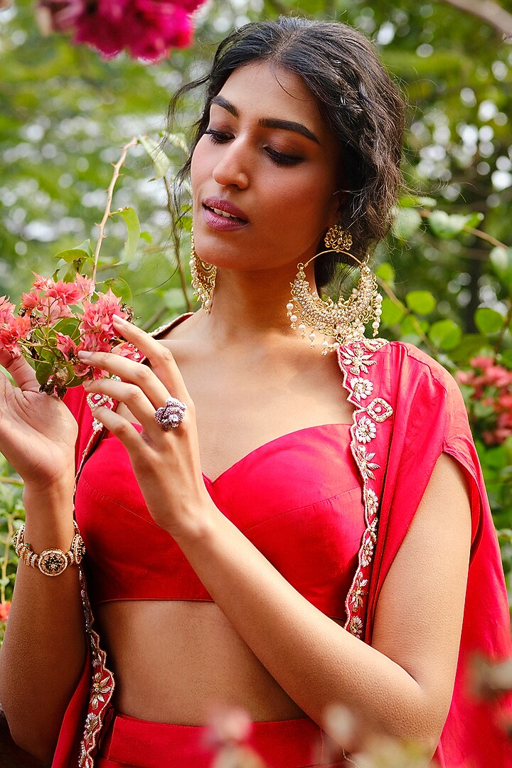 Crimson Red Khurkhul Handwoven Silk Dabka Embroidered Cape Set by 11 Tareng at Pernia's Pop Up Shop