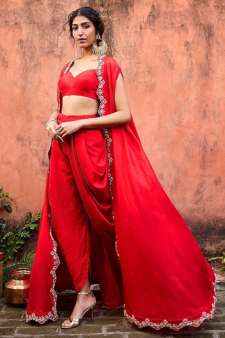 Crimson Red Khurkhul Handwoven Silk Dabka Embroidered Cape Set by 11 Tareng at Pernia's Pop Up Shop