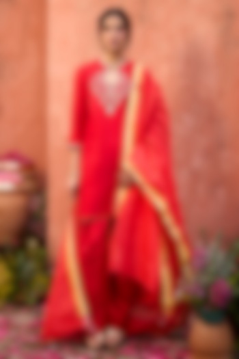 Crimson Red Khurkhul Handwoven Silk Sequins Embroidered Kurta Set by 11 Tareng at Pernia's Pop Up Shop