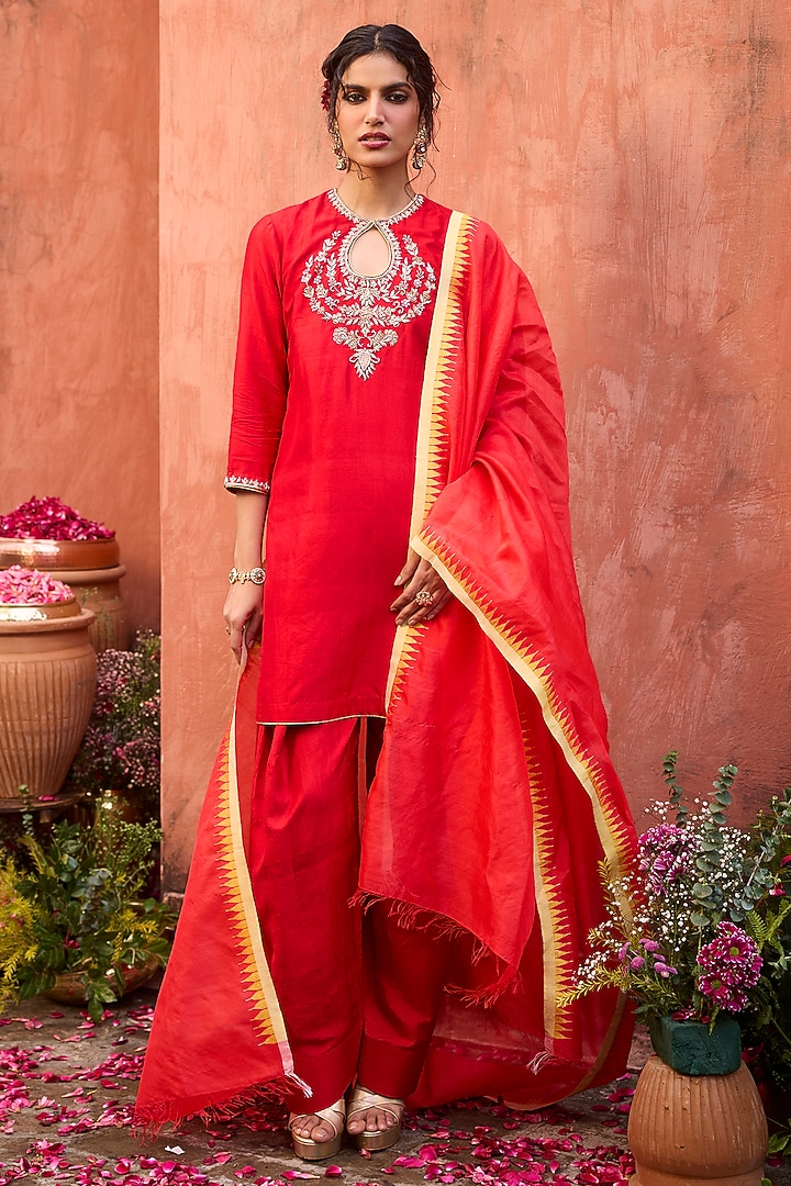 Crimson Red Khurkhul Handwoven Silk Sequins Embroidered Kurta Set by 11 Tareng at Pernia's Pop Up Shop