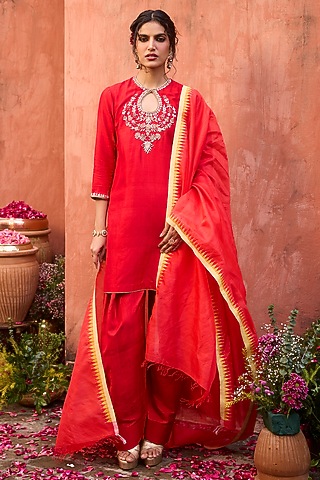 Crimson Red Khurkhul Handwoven Silk Sequins Embroidered Kurta Set by 11 Tareng