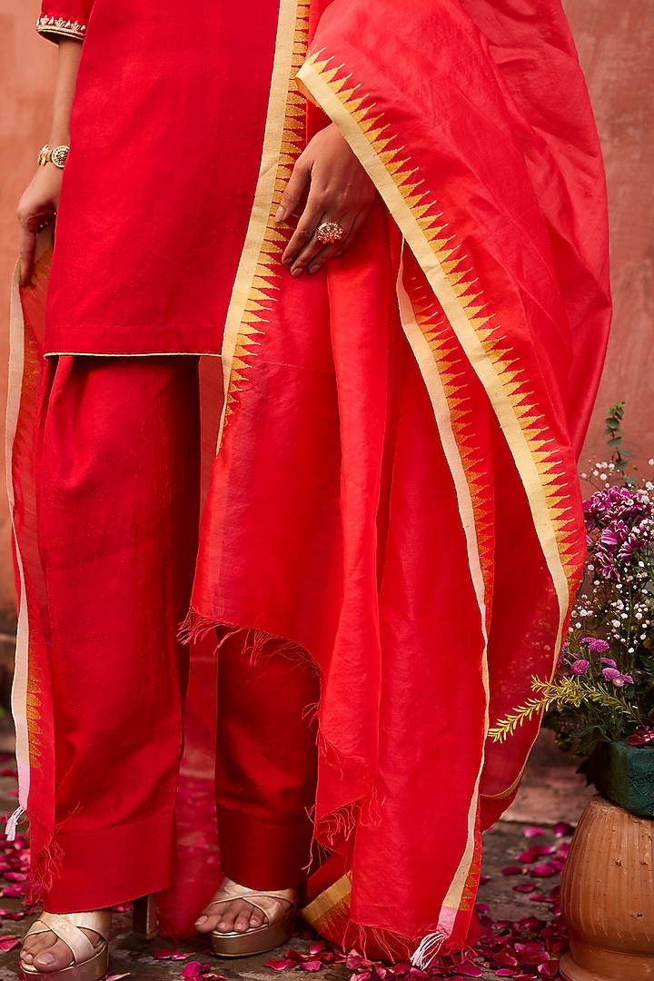 Crimson Red Khurkhul Handwoven Silk Sequins Embroidered Kurta Set by 11 Tareng at Pernia's Pop Up Shop