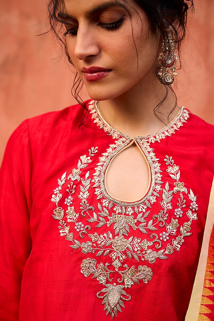 Crimson Red Khurkhul Handwoven Silk Sequins Embroidered Kurta Set by 11 Tareng at Pernia's Pop Up Shop