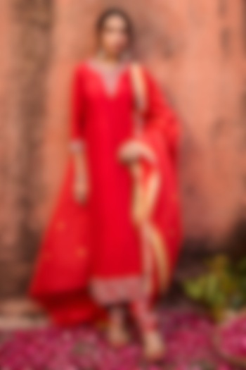 Crimson Red Khurkhul Handwoven Silk Sequins Embroidered Kurta Set by 11 Tareng at Pernia's Pop Up Shop