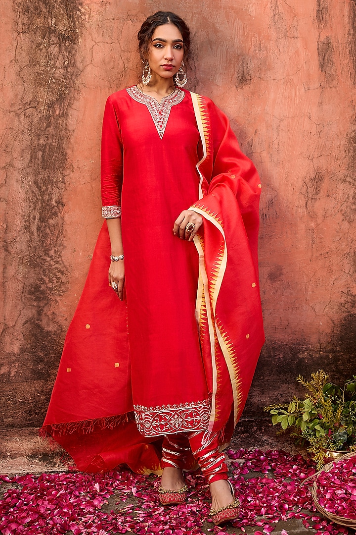 Crimson Red Khurkhul Handwoven Silk Sequins Embroidered Kurta Set by 11 Tareng at Pernia's Pop Up Shop