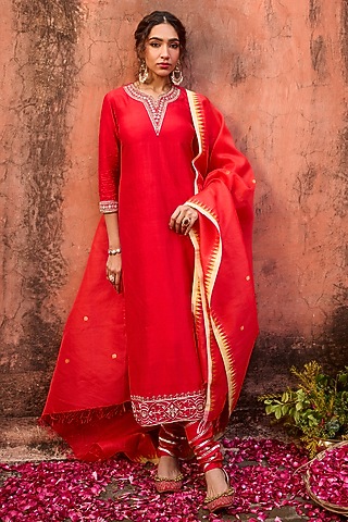 Crimson Red Khurkhul Handwoven Silk Sequins Embroidered Kurta Set by 11 Tareng