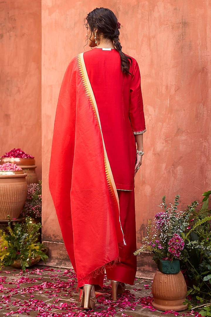 Crimson Red Khurkhul Handwoven Silk Sequins Embroidered Kurta Set by 11 Tareng at Pernia's Pop Up Shop