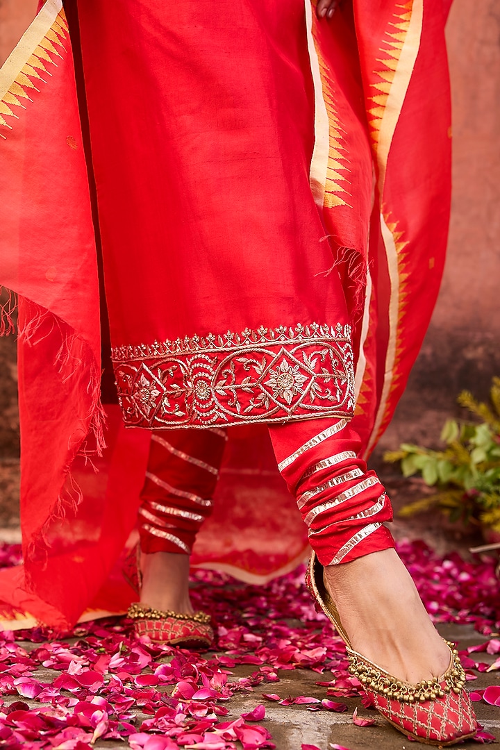 Crimson Red Khurkhul Handwoven Silk Sequins Embroidered Kurta Set by 11 Tareng at Pernia's Pop Up Shop