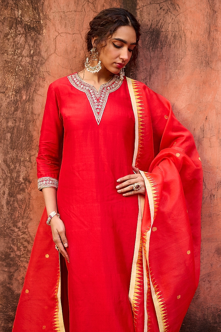Crimson Red Khurkhul Handwoven Silk Sequins Embroidered Kurta Set by 11 Tareng at Pernia's Pop Up Shop