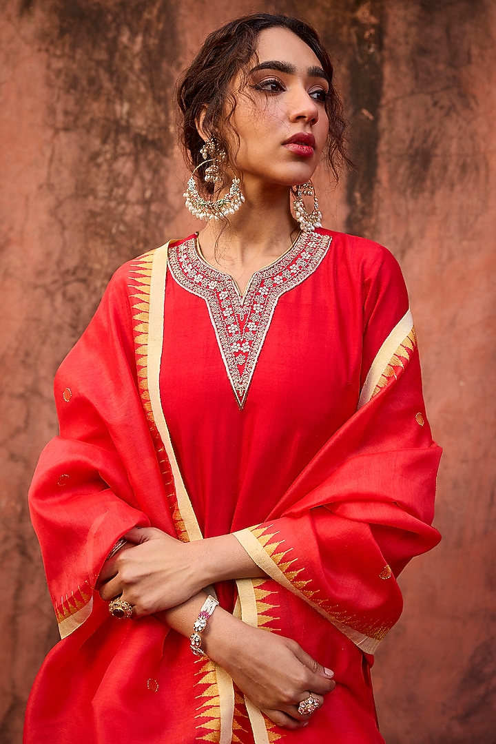 Crimson Red Khurkhul Handwoven Silk Sequins Embroidered Kurta Set by 11 Tareng at Pernia's Pop Up Shop