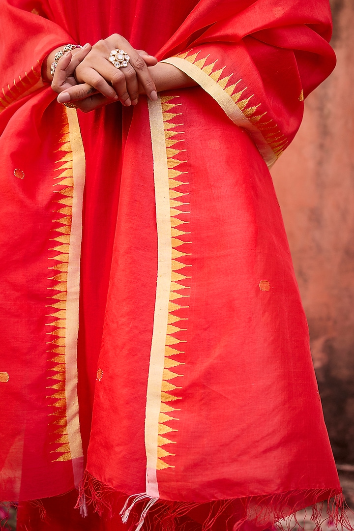 Crimson Red Khurkhul Handwoven Silk Sequins Embroidered Kurta Set by 11 Tareng at Pernia's Pop Up Shop